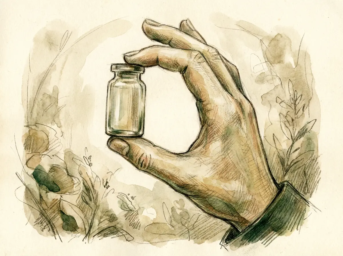 Ilustração de desenho a mão colorido de uma mão segurando um frasco de vidro sem rótulo contra a luz para inspecioná-lo, simbolizando a origem desconhecida de um produto