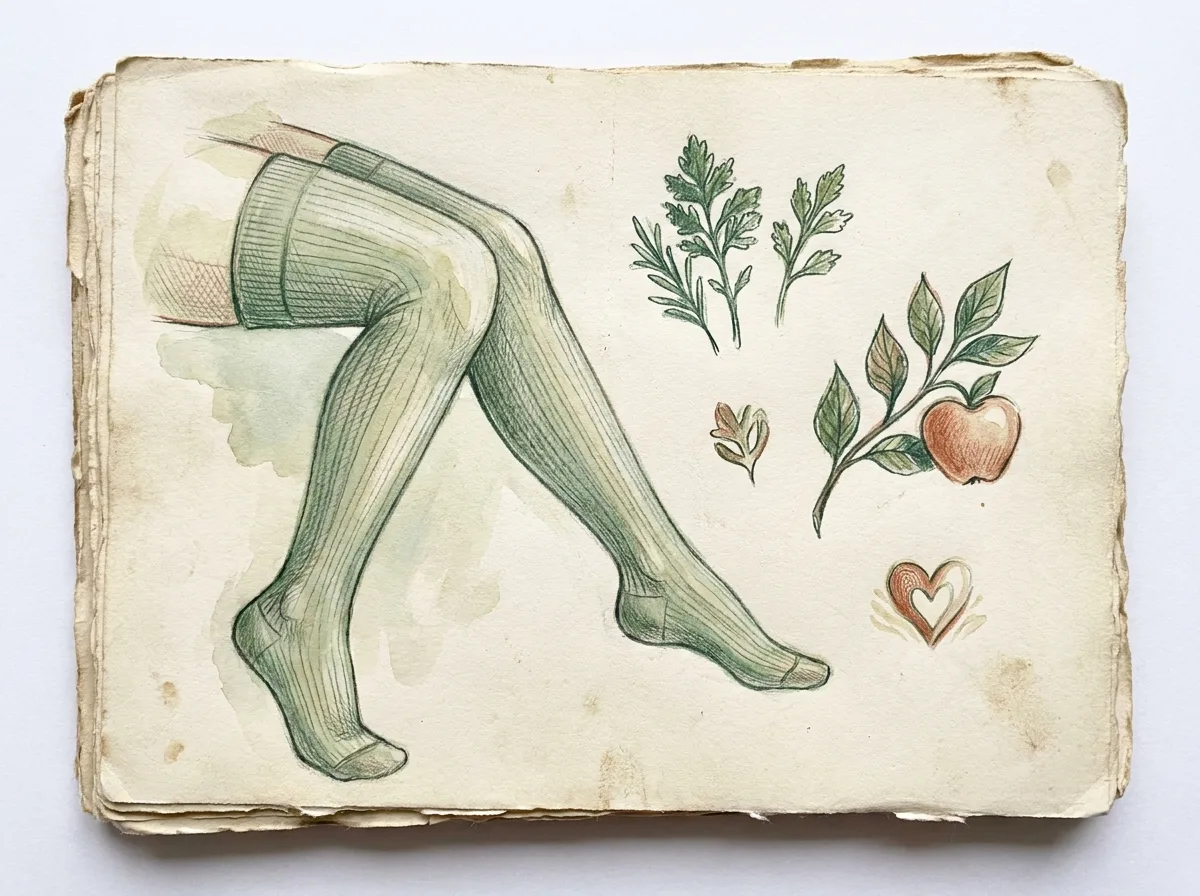 Ilustração de desenho a mão colorido, estilo caderno de anatomia, de pernas femininas vestindo meias de compressão verdes, ao lado de ramos de folhas e uma maçã, elementos do tratamento conservador do lipedema