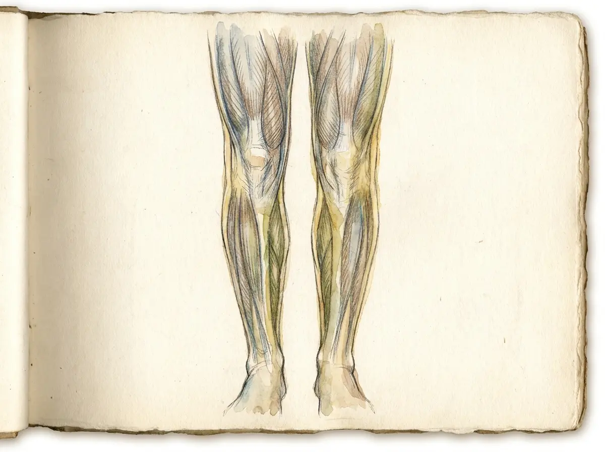 Ilustração de desenho a mão colorido, estilo caderno de anatomia, de um par de pernas humanas vistas de frente com a camada de gordura sob a pele indicada, referência ao lipedema que afeta as pernas
