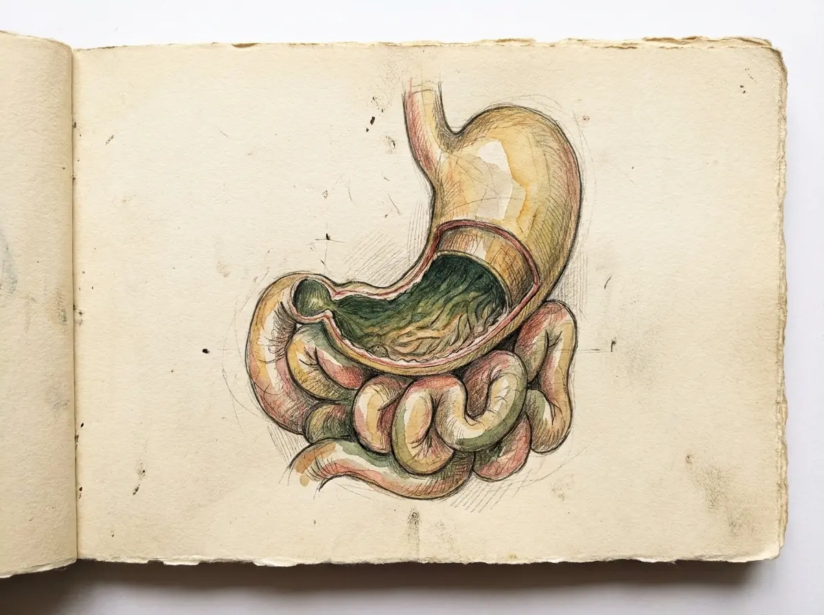 Ilustração de desenho a mão colorido, estilo caderno de anatomia, do estômago e do intestino humanos, onde a medicação para emagrecer atua sobre o apetite e a digestão