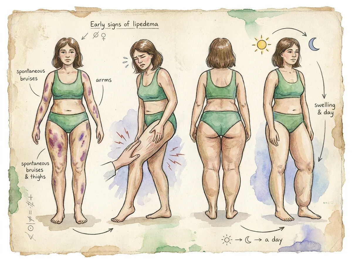 Ilustracao de desenho a mao colorido, estilo caderno de anatomia, retratando sinais precoces do lipedema: roxo do nada, dor ao toque, desproporcao entre tronco e pernas, inchaco que piora ao longo do dia, tema lipedema
