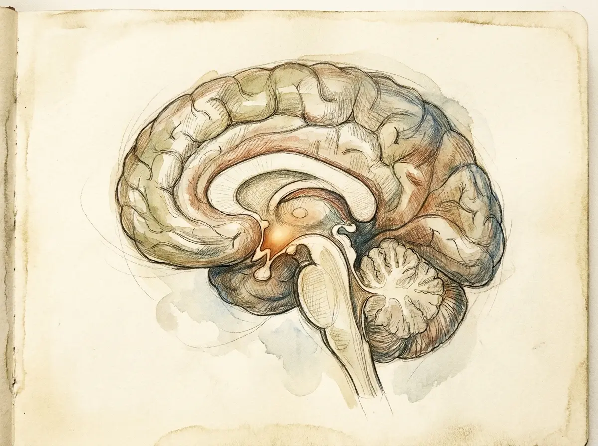 Ilustração de desenho a mão colorido, estilo caderno de anatomia, de um corte do cérebro humano com a região do hipotálamo destacada em tom quente, o centro que regula a fome e o gasto de energia do corpo