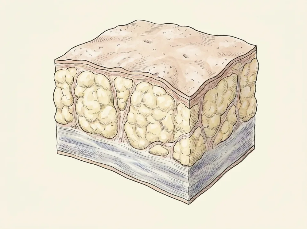Ilustração médica em corte transversal da pele e tecido subcutâneo no estágio 2 do lipedema: superfície ondulada com pequenos nódulos e septos fibrosos mais espessos