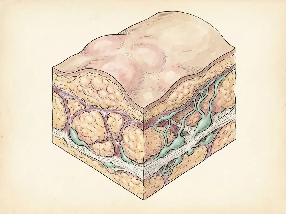 Ilustração médica em corte transversal da pele e tecido subcutâneo no estágio 4 do lipedema: tecido denso e volumoso com vasos linfáticos dilatados, indicando lipo-linfedema