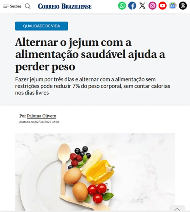 Print da matéria do Correio Braziliense sobre jejum intermitente e perda de peso