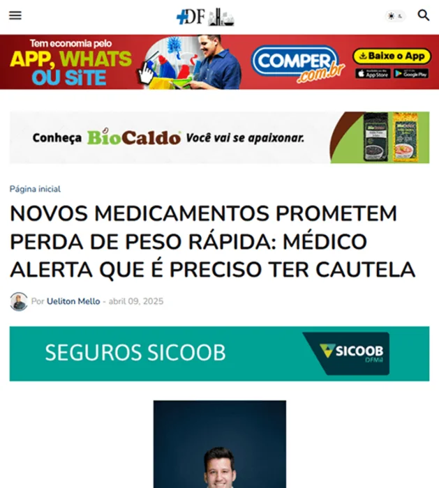 Print da matéria do +DF: Dr. Gabriel Resende alerta sobre cautela com novos medicamentos para perda de peso